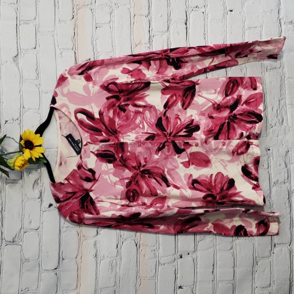 Jones New York Signature Floral cardigan fushia pink white black Sz L